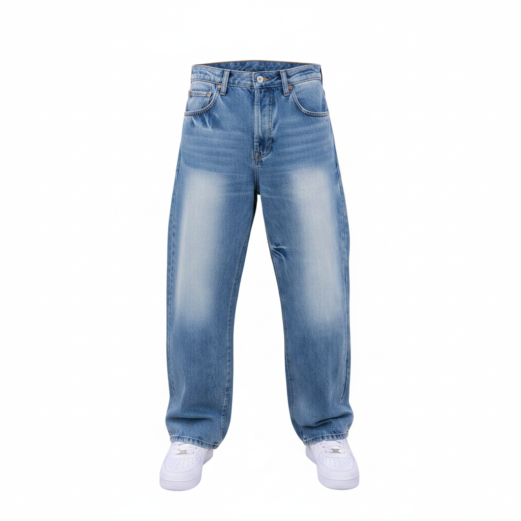Men's light blue oversized baggy washed denim jeans ghost mannequin front view