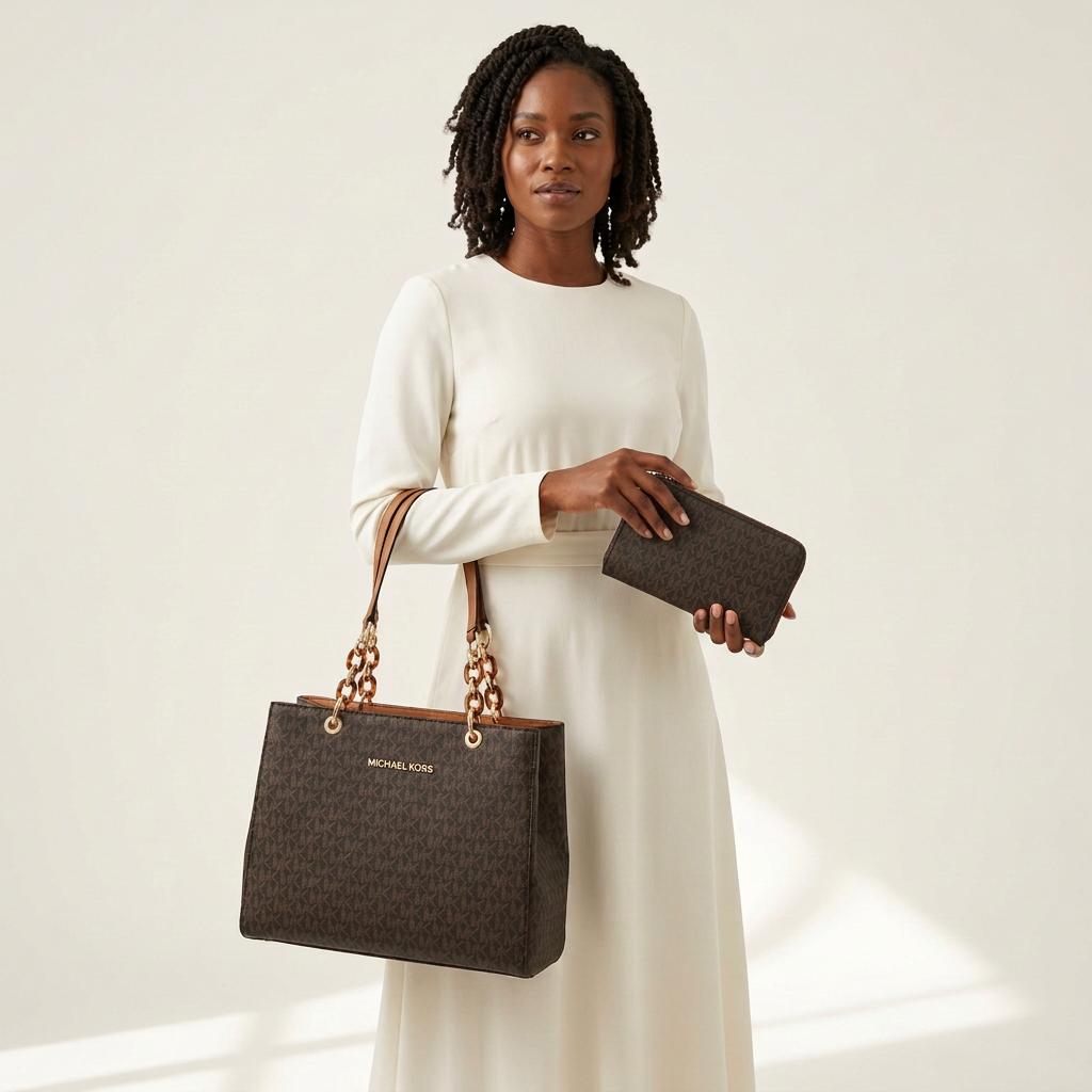 Woman in an ivory outfit carrying a chocolate-brown monogram tote and matching purse on an off-white background