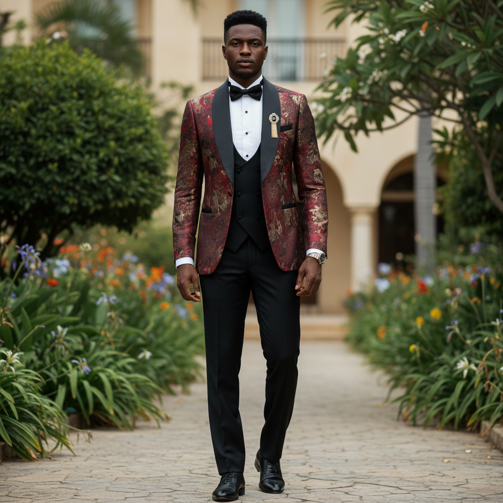 Nigerian male model wearing burgundy red and gold floral jacquard tuxedo three-piece suit