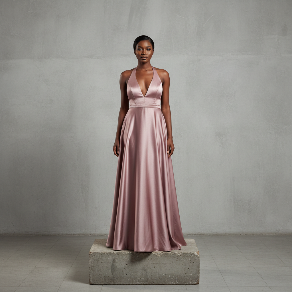 Dusty Rose Satin Halter Neck Maxi Gown - Model Shot