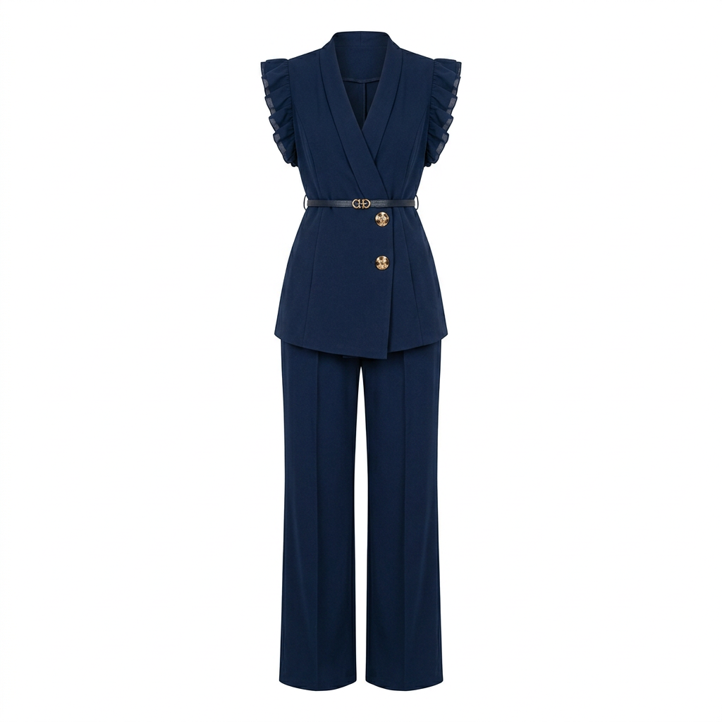 Navy ruffle-shoulder belted top and wide-leg trouser set, mannequin view