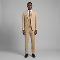 Full-body Black adult model wearing a beige three-piece suit