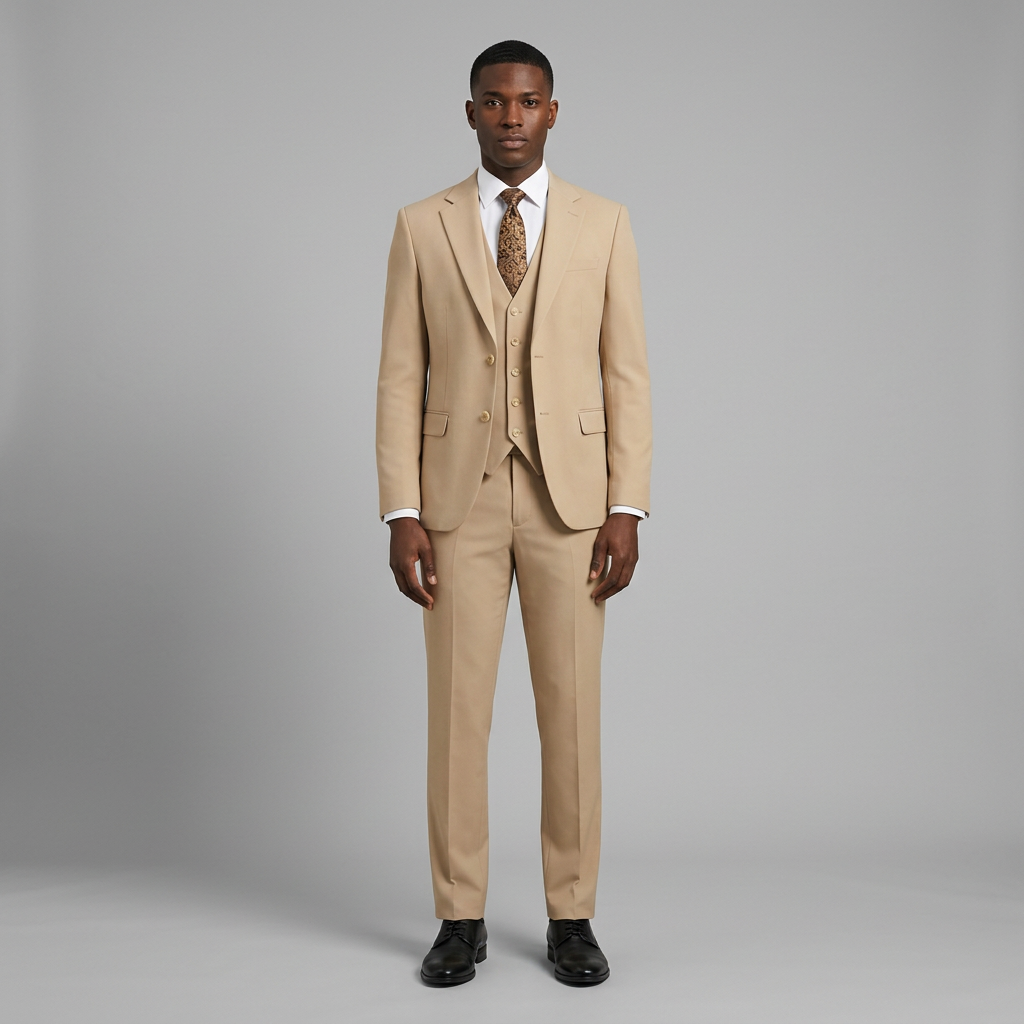 Full-body Black adult model wearing a beige three-piece suit