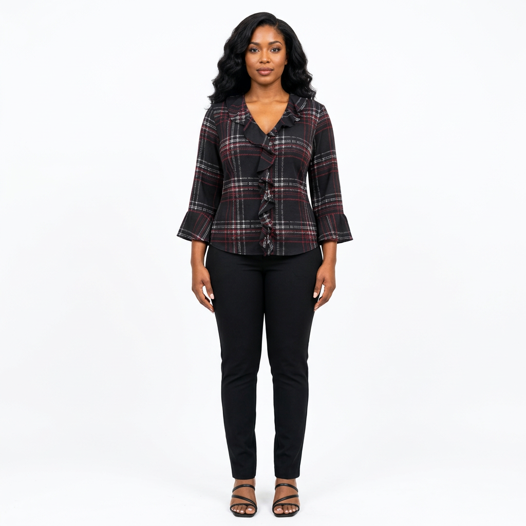 Full-body adult Black woman wearing a black burgundy plaid ruffle blouse