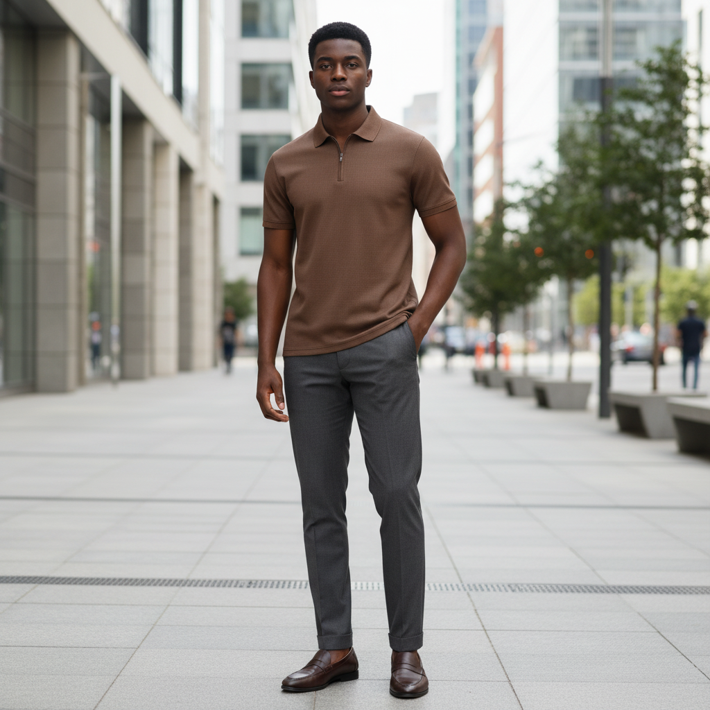 Young Nigerian male model wearing brown textured quarter-zip polo shirt