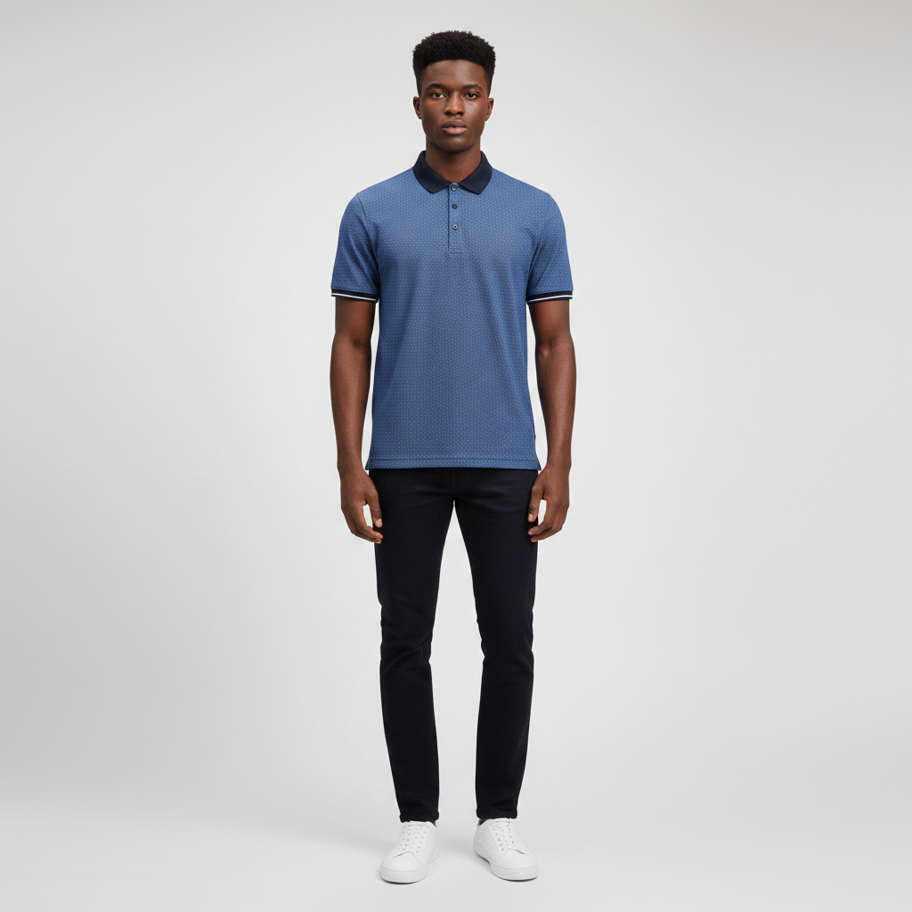 Nigerian model wearing royal blue textured jacquard polo shirt