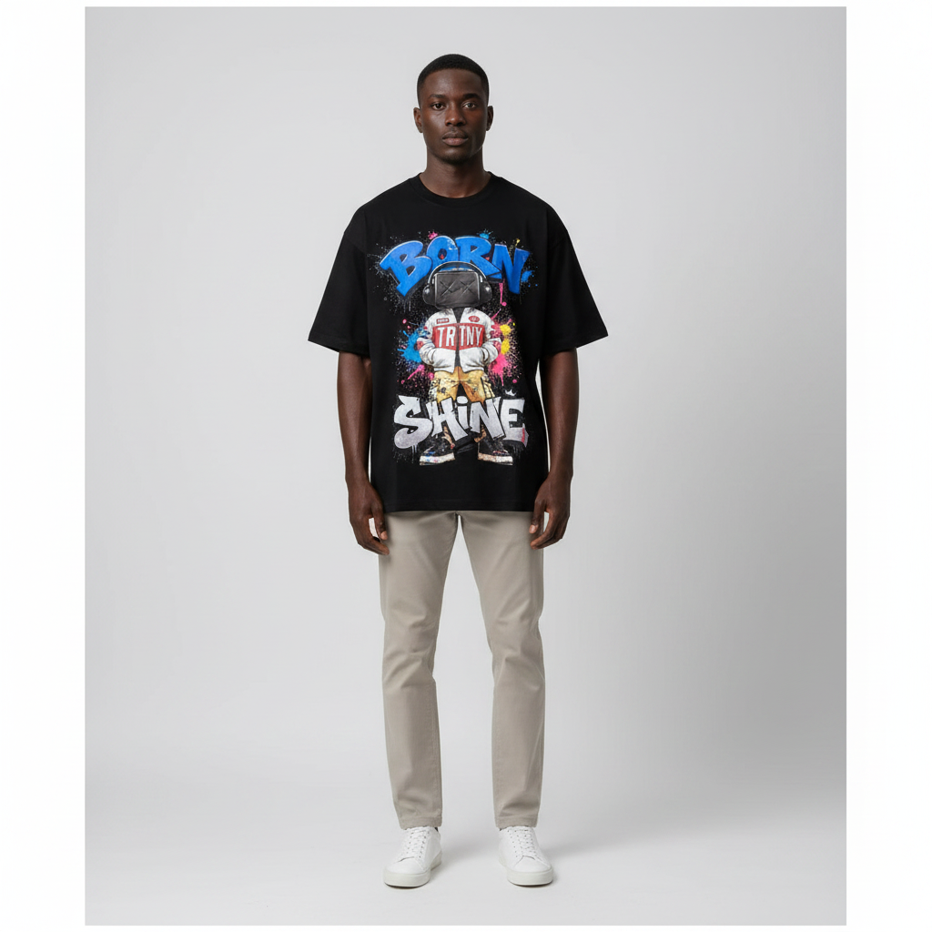 Model wearing the black graffiti character graphic tee