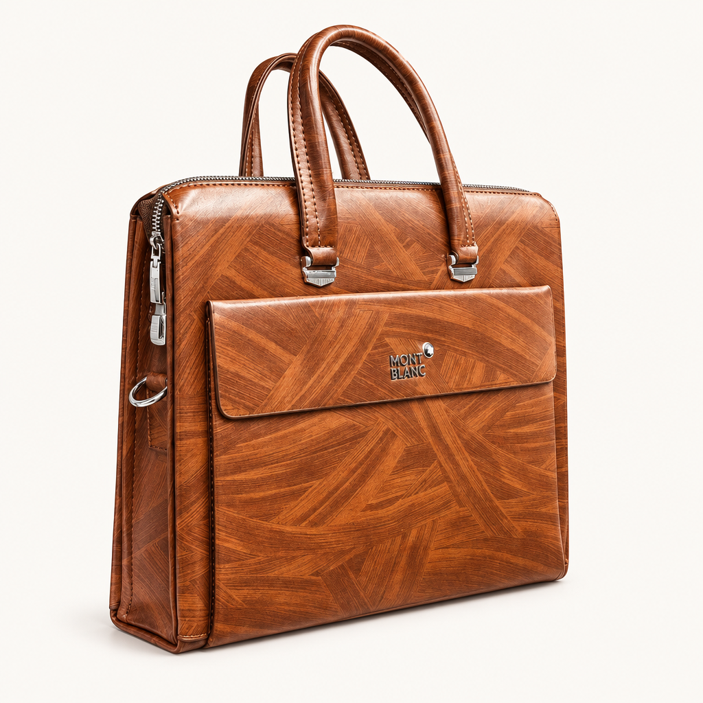 Cognac brown patterned top-handle bag with front flap panel