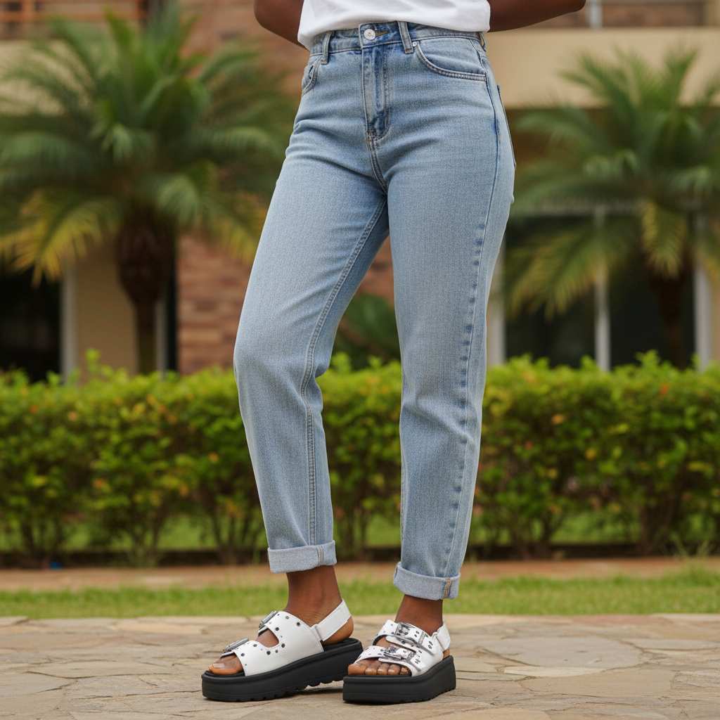 Nigerian female model wearing white double buckle studded platform sandals
