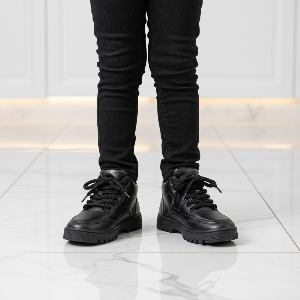 Nigerian child wearing all-black kids lace-up leather sneaker boot, indoor setting