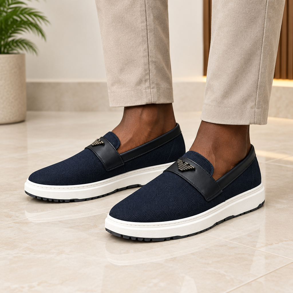 Navy textured slip-on shoes with black trim and white platform soles worn on both feet