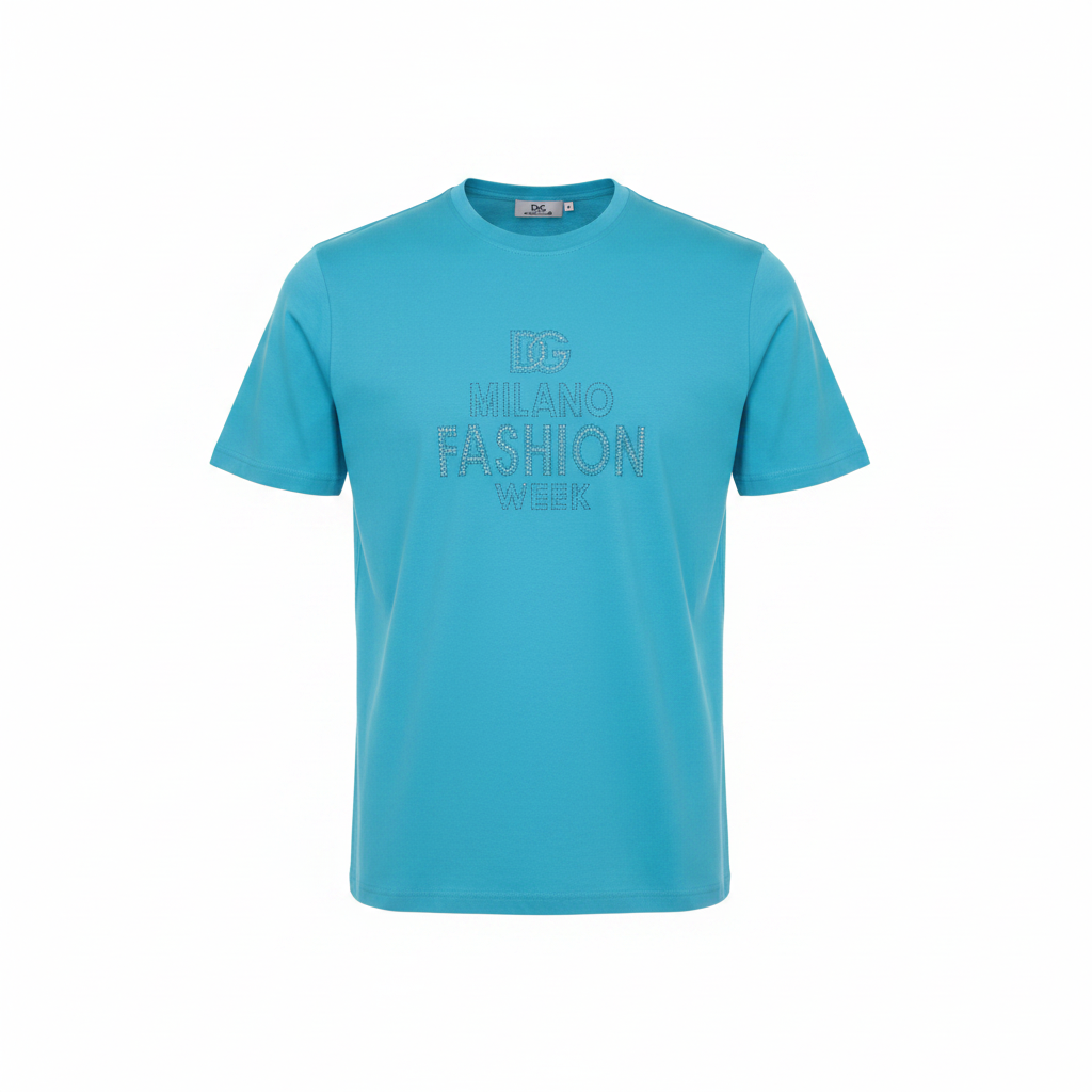 Ghost mannequin front view of teal rhinestone fashion text T-shirt