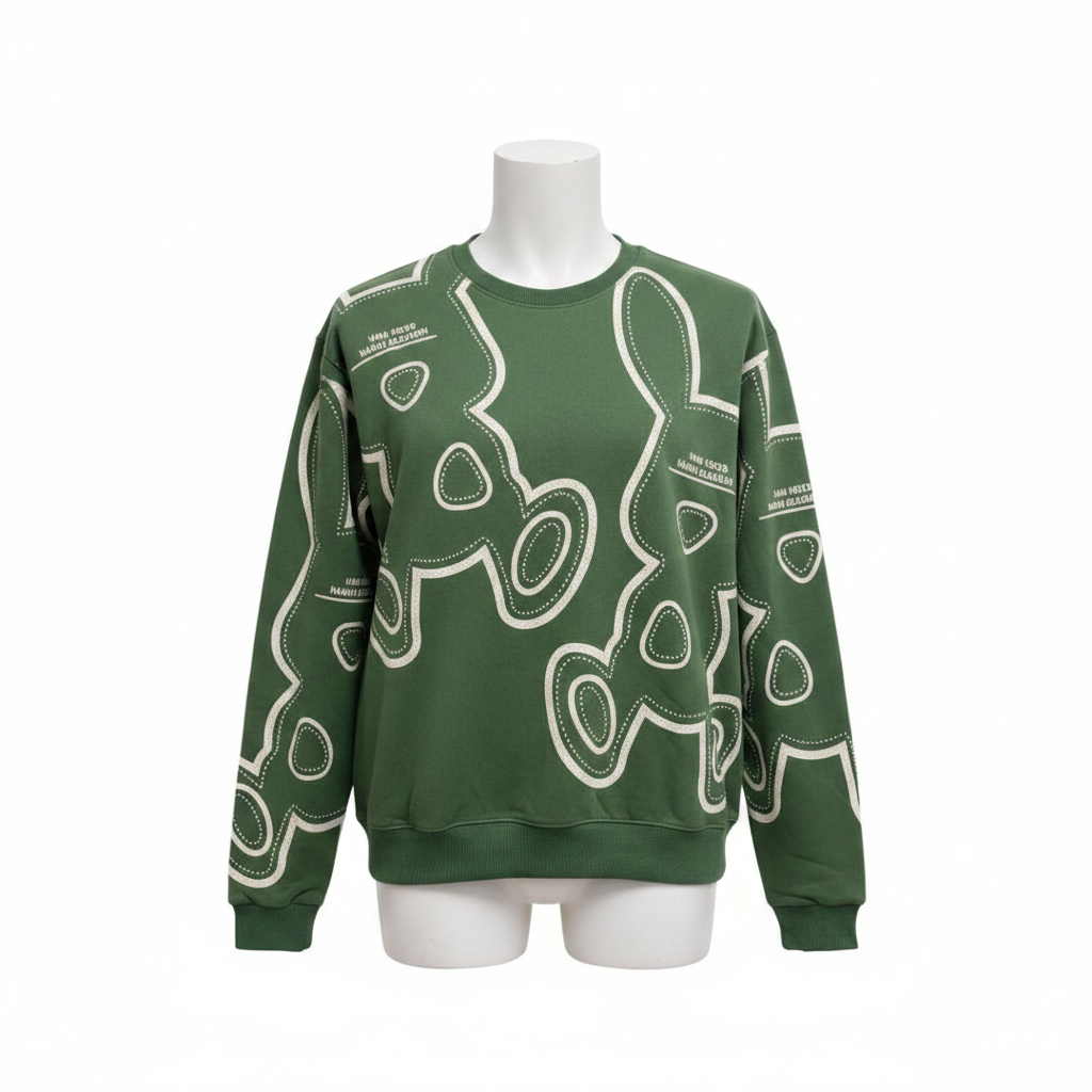 Unisex Olive Green Cartoon Bear All-Over Print Crew-Neck Sweatshirt – Mannequin View