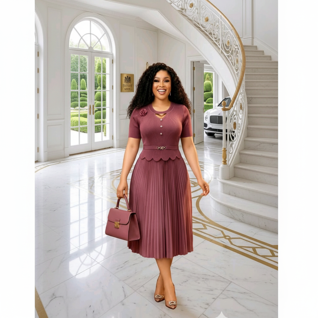 Nigerian woman wearing dusty mauve ribbed scallop peplum top and pleated midi skirt set