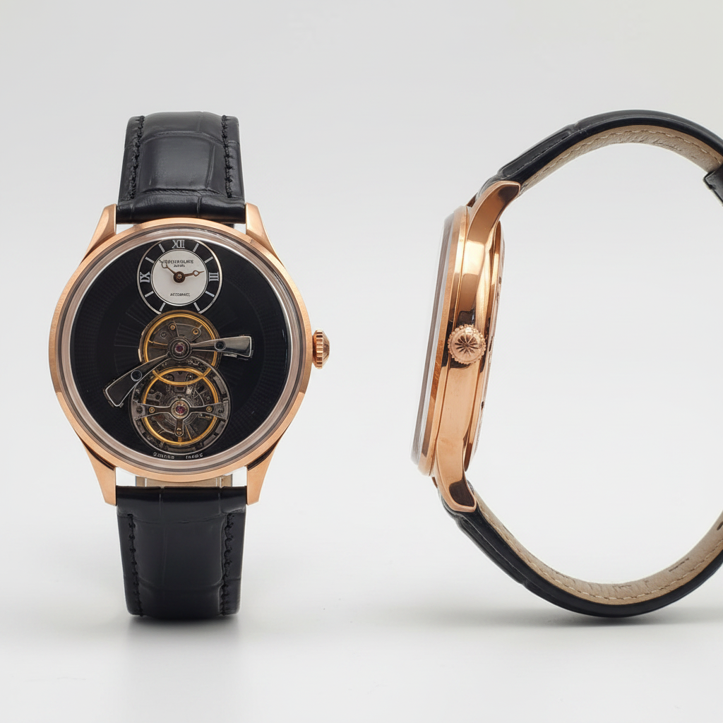 Men's Black Dial Rose Gold Tourbillon Automatic Watch – Front and Side Ghost Mannequin View