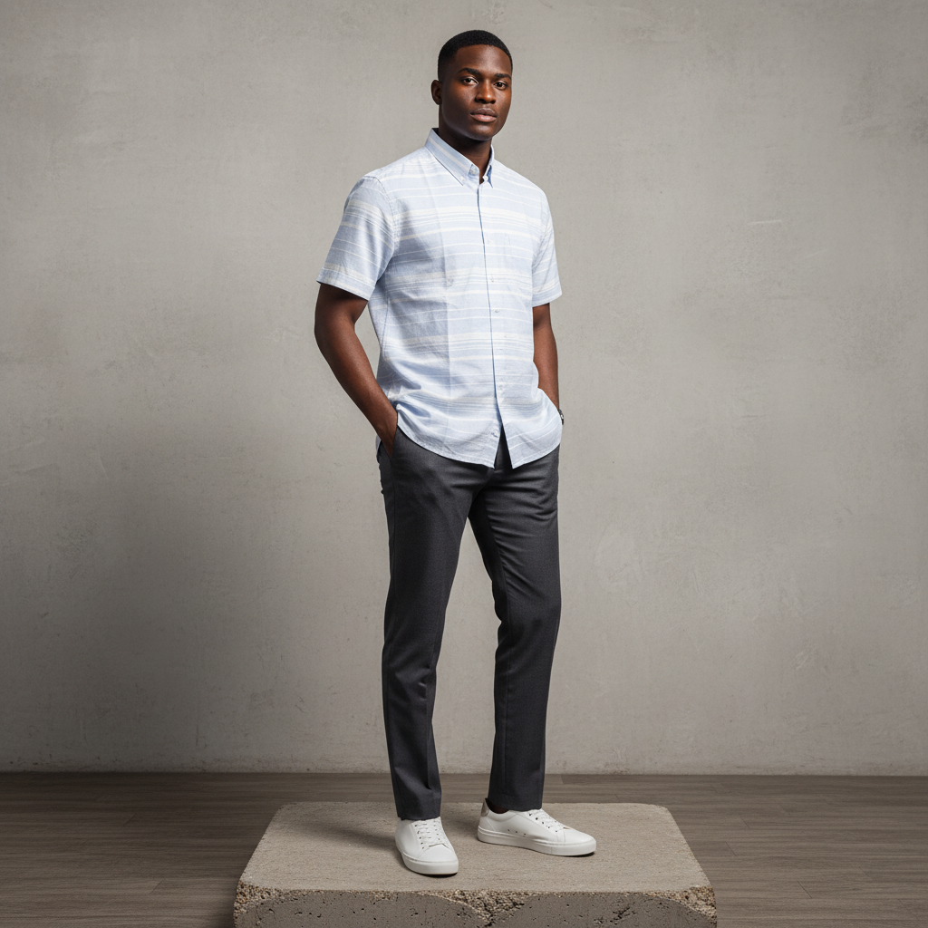 Nigerian male model wearing light blue and white horizontal stripe short-sleeved shirt