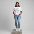 Nigerian female model front view wearing white rhinestone graphic T-shirt