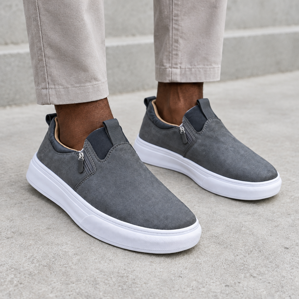 Grey slip-on shoes with side zippers and white soles, worn on both feet