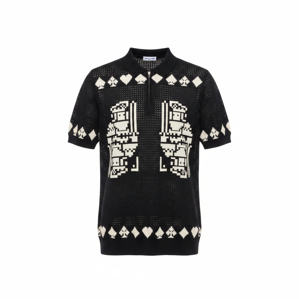 Black card suits open-weave knit quarter-zip polo - ghost mannequin front view