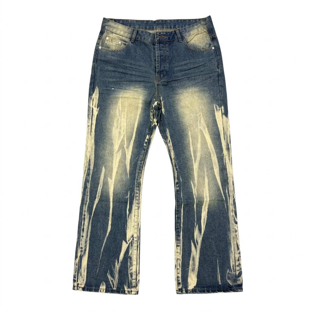 Dark-blue wide-leg jeans with cream-yellow faded panels and vertical streaks