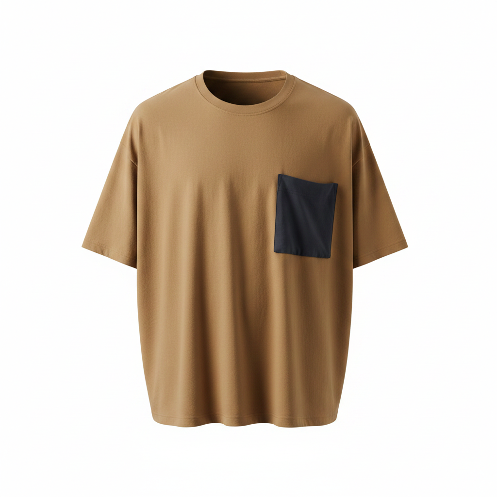 Ghost mannequin view of camel oversized t-shirt with dark navy contrast chest pocket