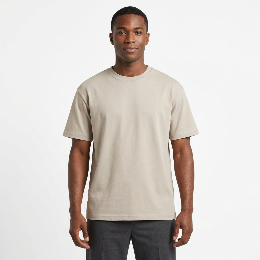 Nigerian male model wearing a stone beige crew-neck T-shirt on white