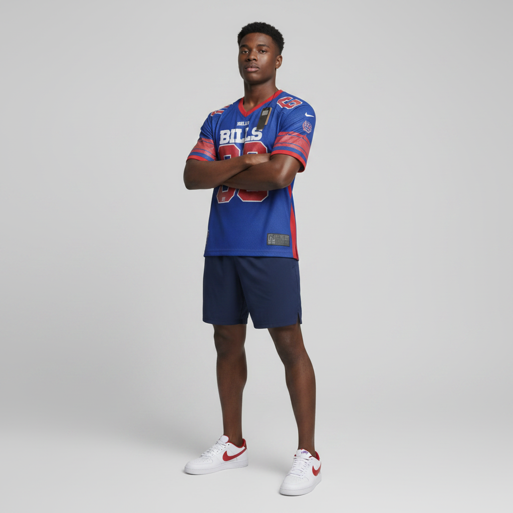 Young Nigerian male wearing royal blue NFL Buffalo Bills #60 mesh football jersey