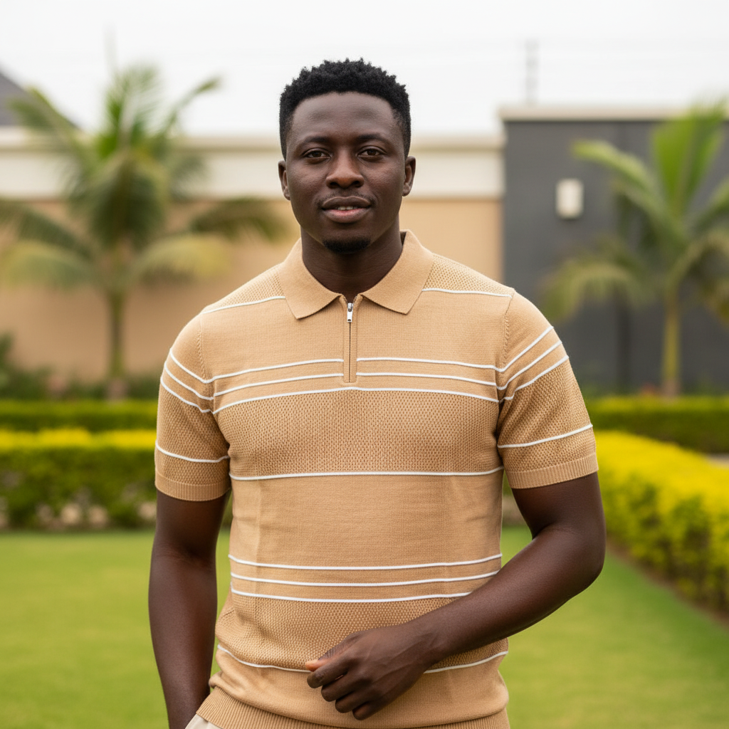 Nigerian male model wearing beige pinstripe mesh knit quarter-zip polo
