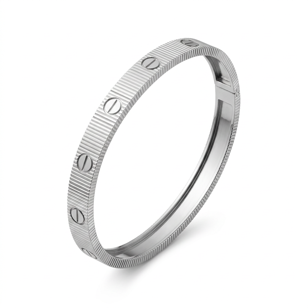 Silver-tone ribbed screw-detail bracelet isolated on plain white