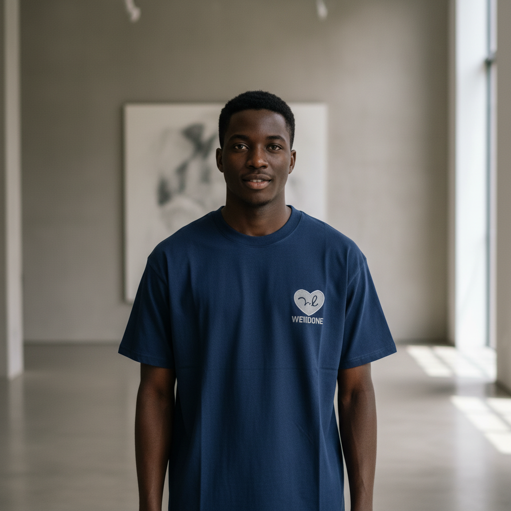 Navy Heart Logo Graphic Tee – Model Shot