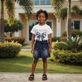 Girls Denim Skirt & Graphic Tee Set – African Model Front View