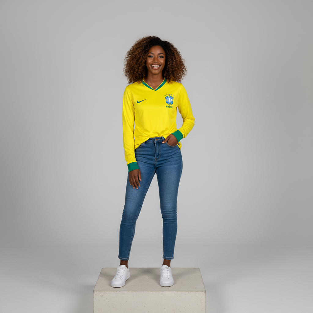 Nigerian female model wearing yellow long sleeve home football jersey on concrete plinth