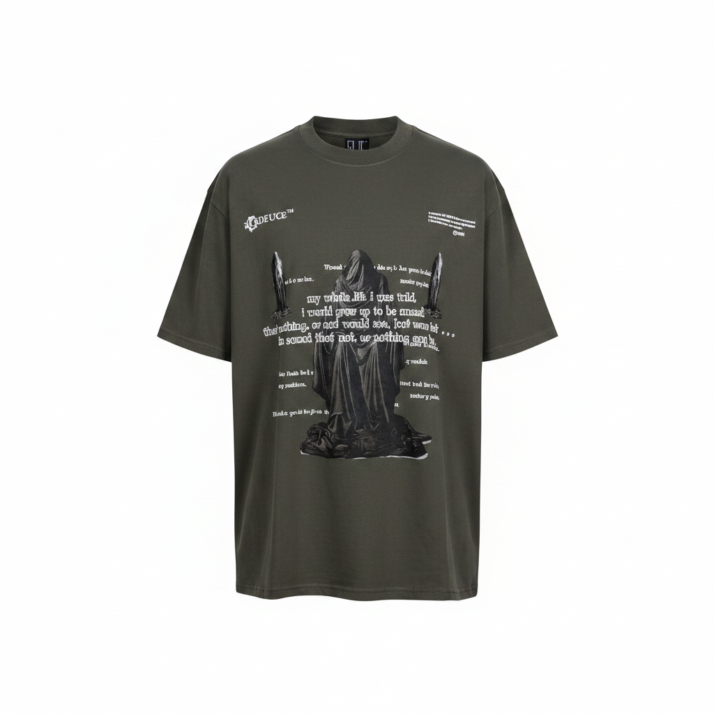 Unisex washed charcoal gothic statue editorial graphic tee – ghost mannequin front view