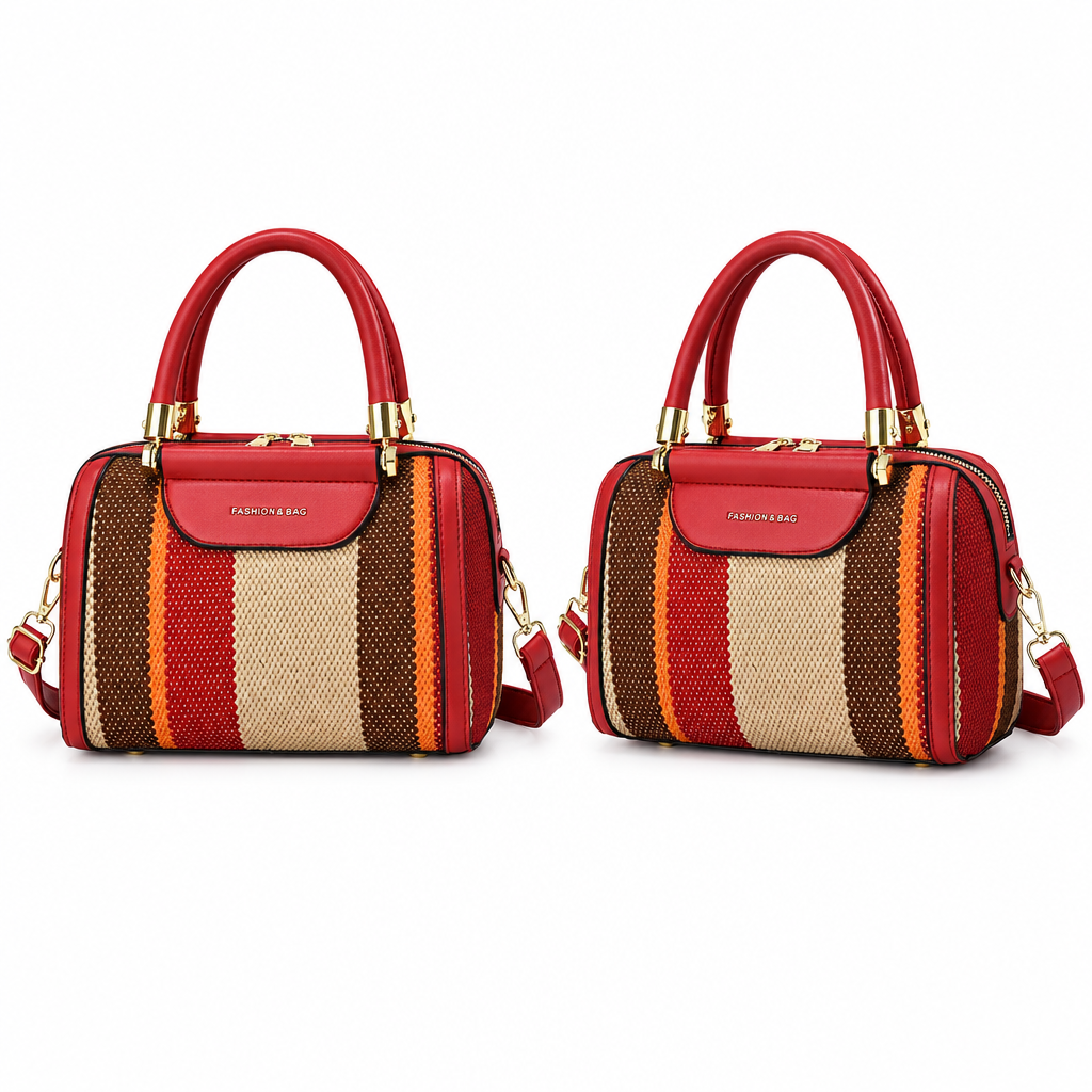 Red, cream and brown striped satchel shown in front and angled views