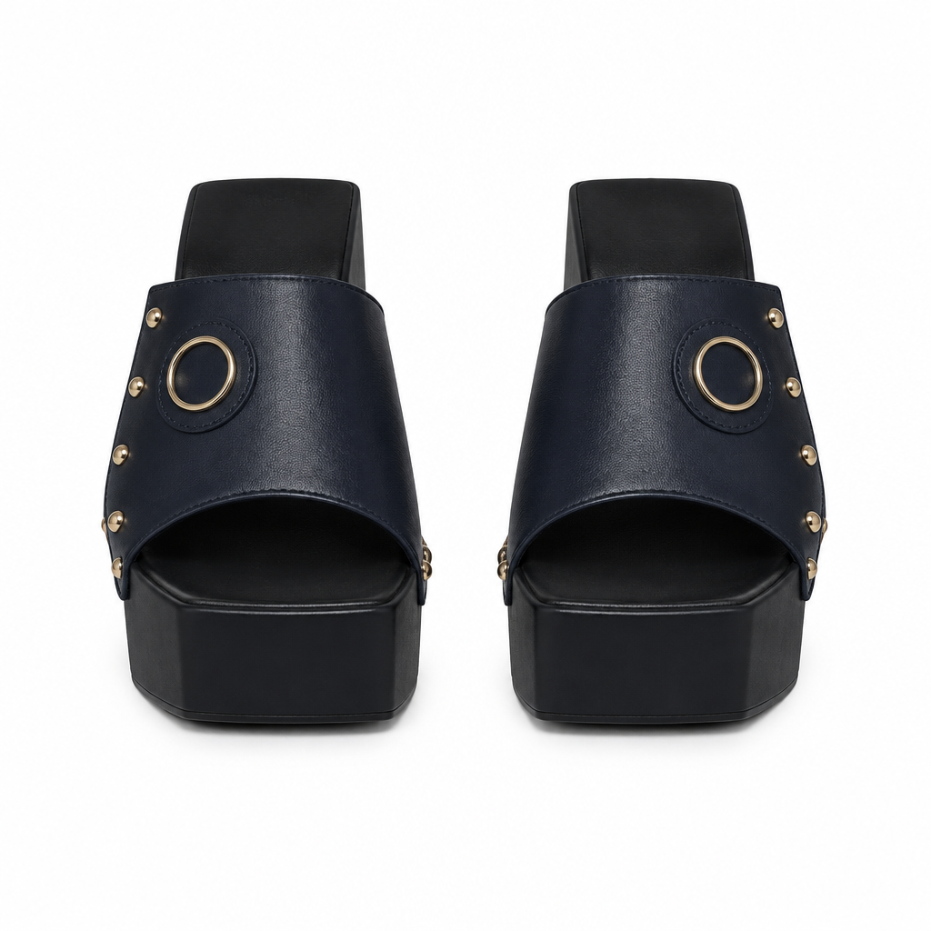 Dark navy gold-ring studded platform slide sandals, front view