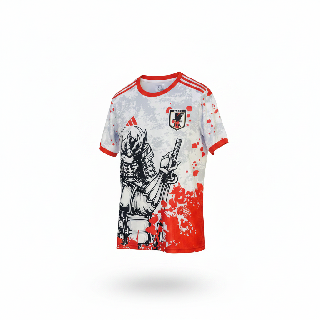 White samurai graphic red splatter football jersey ghost mannequin front view