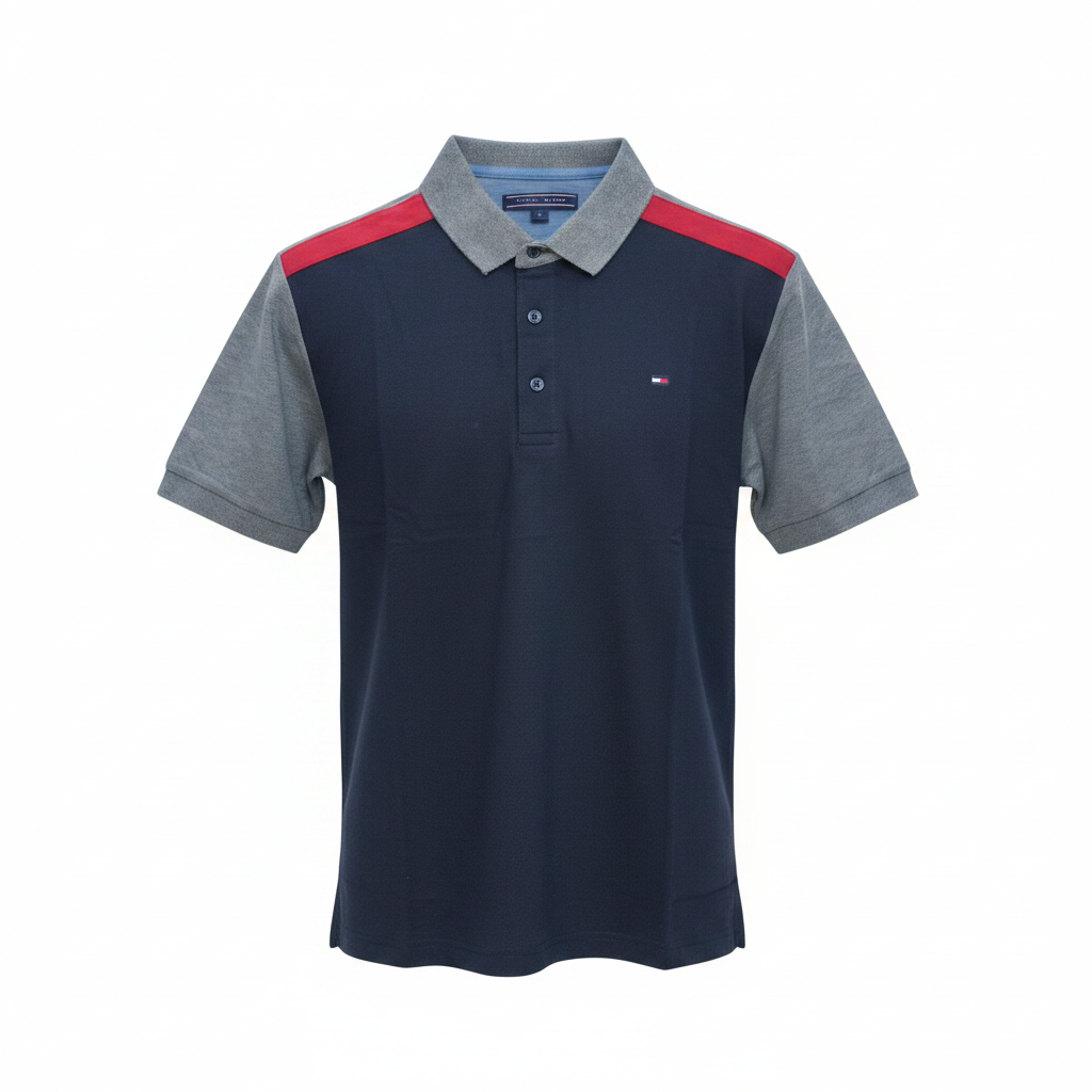 Men's navy and grey colour-block polo shirt with red shoulder accent, ghost mannequin front view