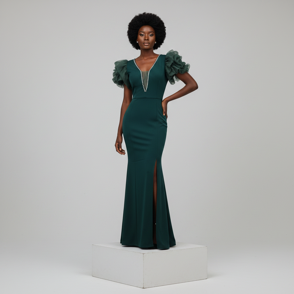 Emerald Green Puff Sleeve Rhinestone Maxi Gown – Model Shot