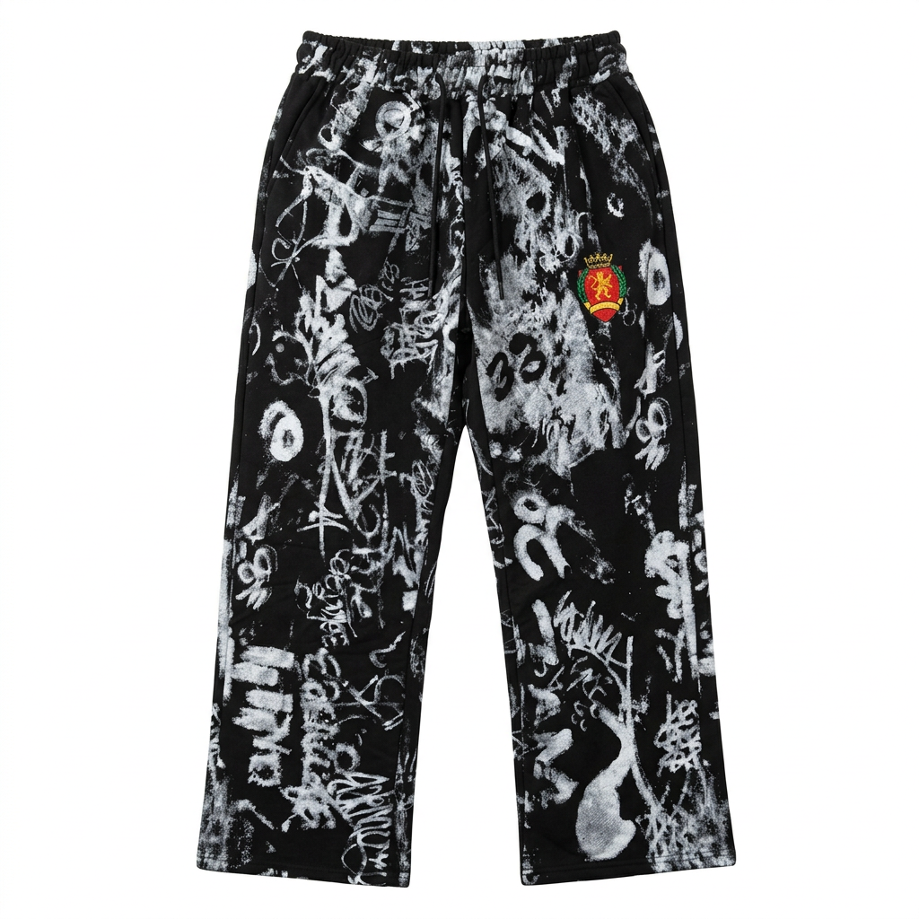 Black and grey graffiti-print joggers with coloured thigh patch, generated ghost mannequin view