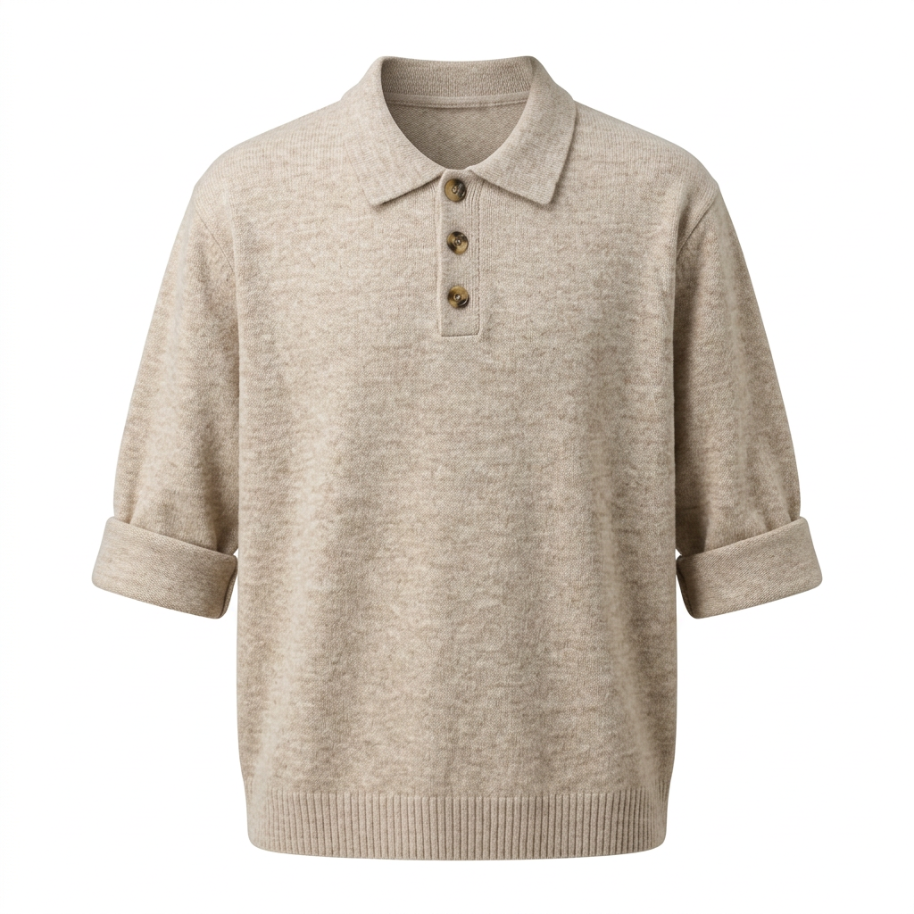 Oatmeal marl knit polo with turned sleeve cuffs on white