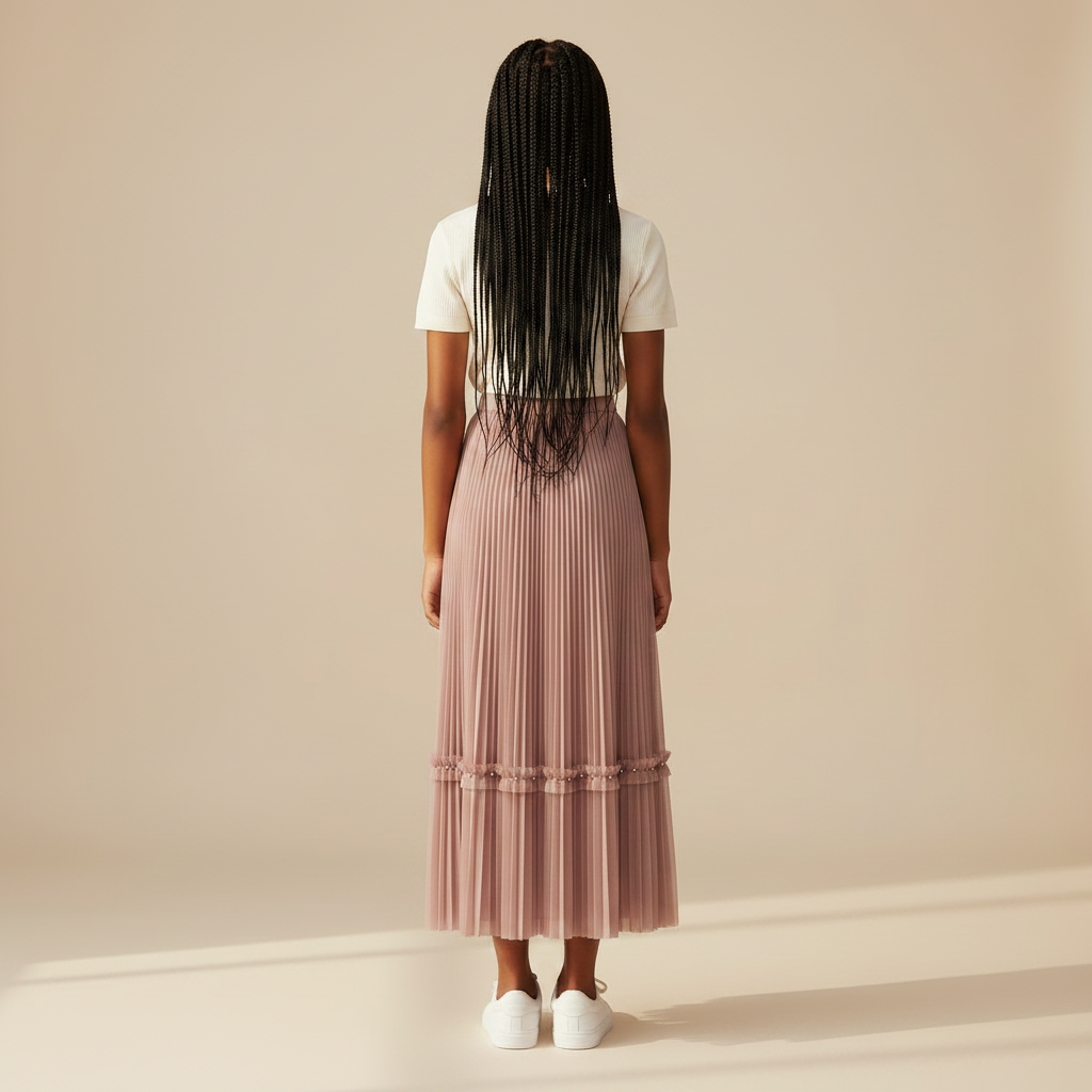Nigerian girl wearing dusty pink pleated midi skirt - back view