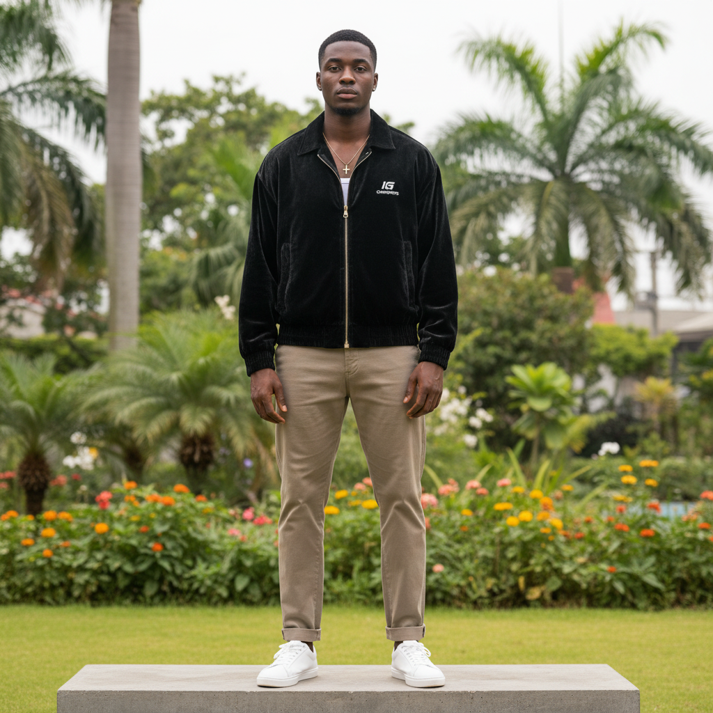 Men's Black Velvet Oversized Bomber Jacket – Nigerian Male Model Shot