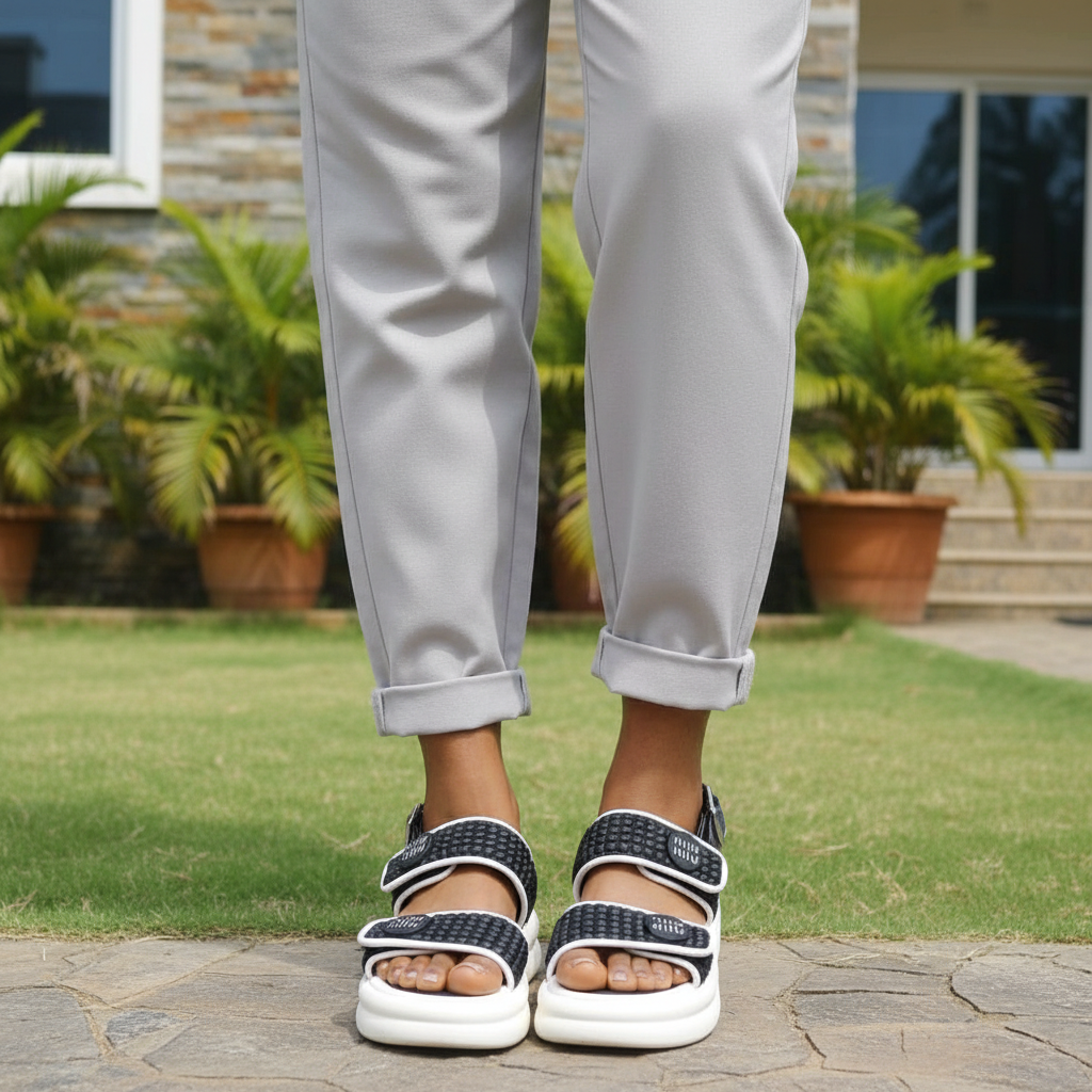 Nigerian female model wearing black and white quilted double-strap platform sandals