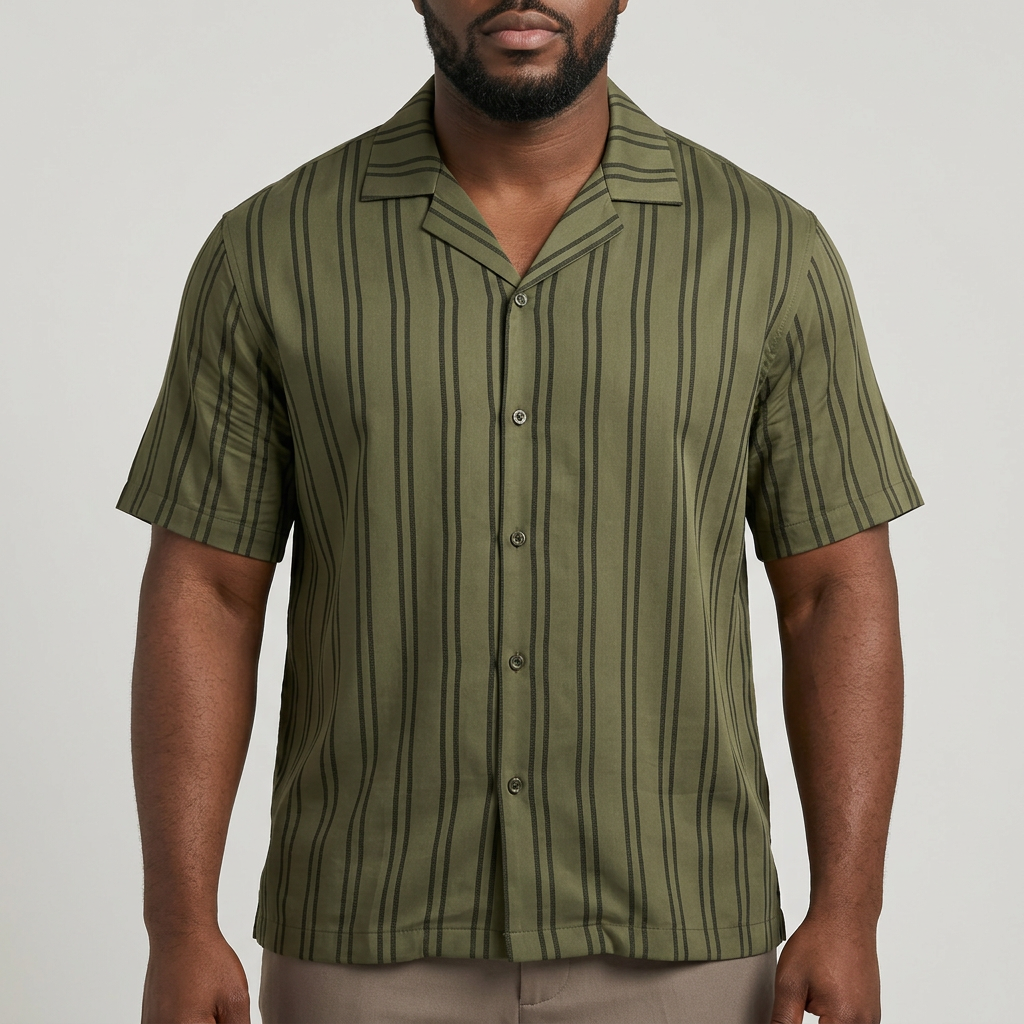 Olive striped short-sleeve camp-collar shirt worn by an adult Black model