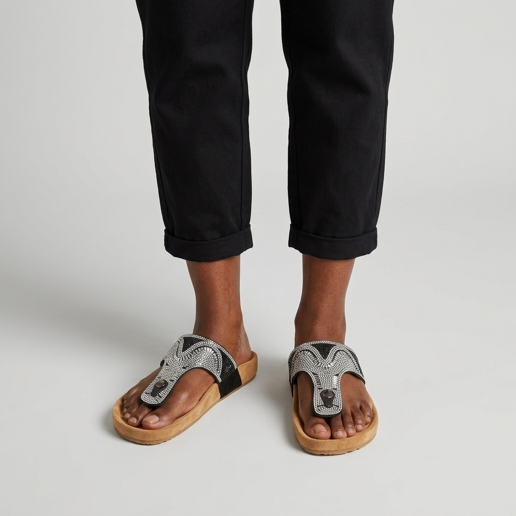 Woman wearing black rhinestone-embellished slide sandals on a plain studio background