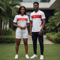 Nigerian female and male models wearing white and red crescent band V-neck football jersey
