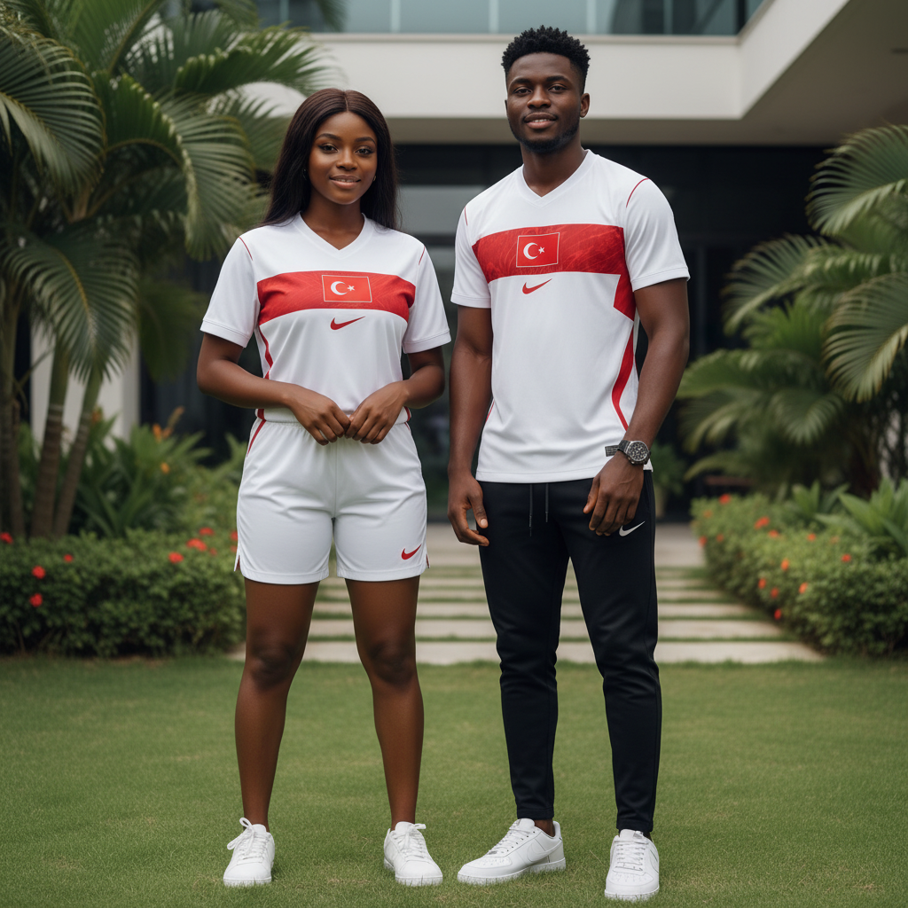 Nigerian female and male models wearing white and red crescent band V-neck football jersey