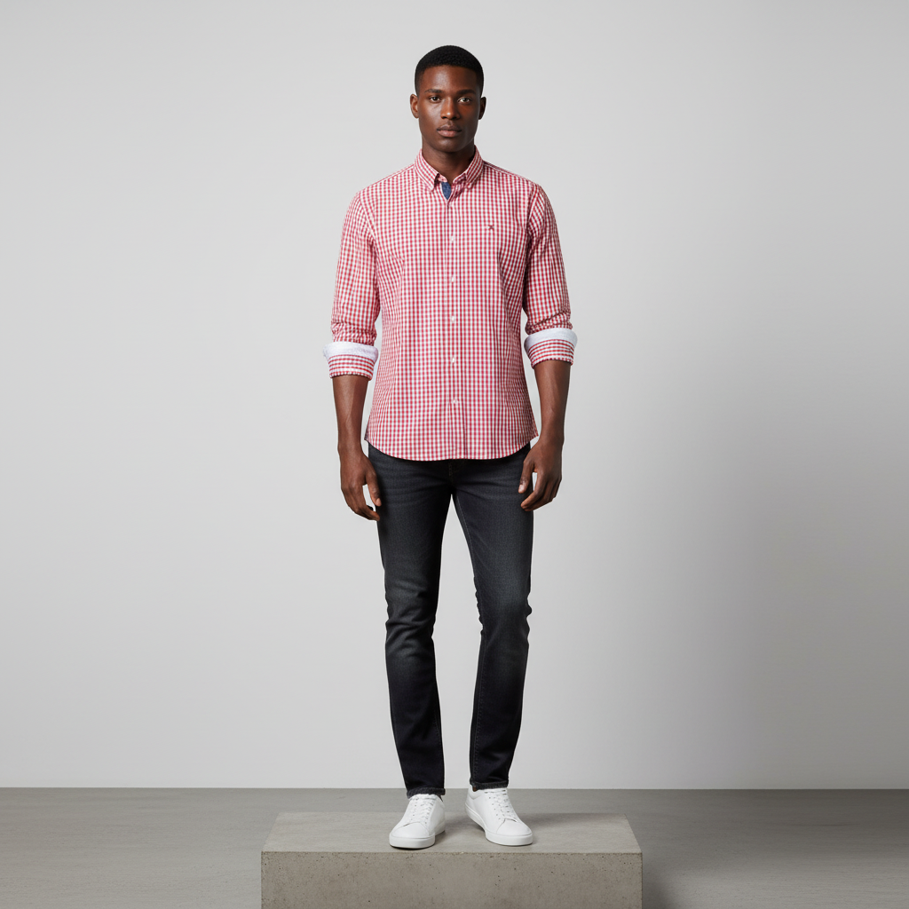Red White Gingham Long-Sleeved Shirt - Model Shot