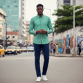 Young Nigerian male wearing green check slim fit long sleeve shirt