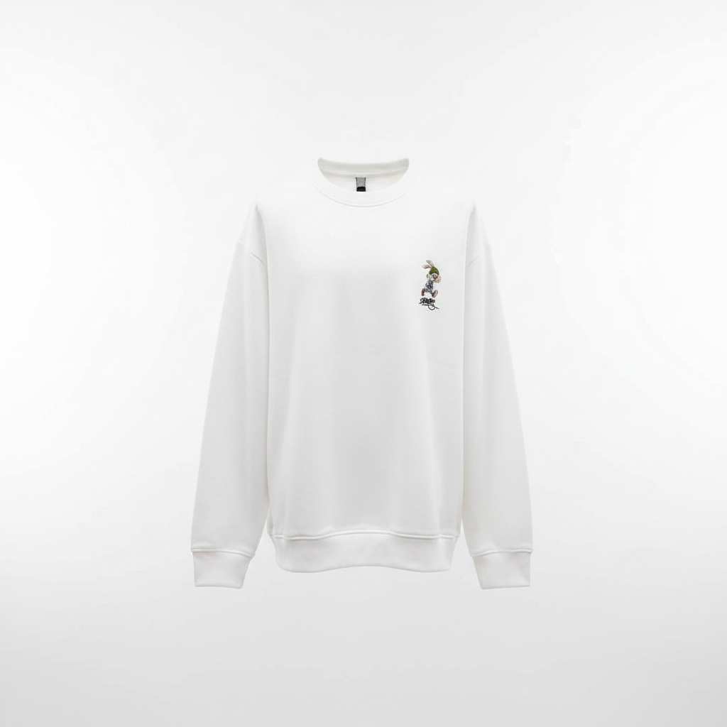 Ghost mannequin white BATES running bunny sweatshirt front view